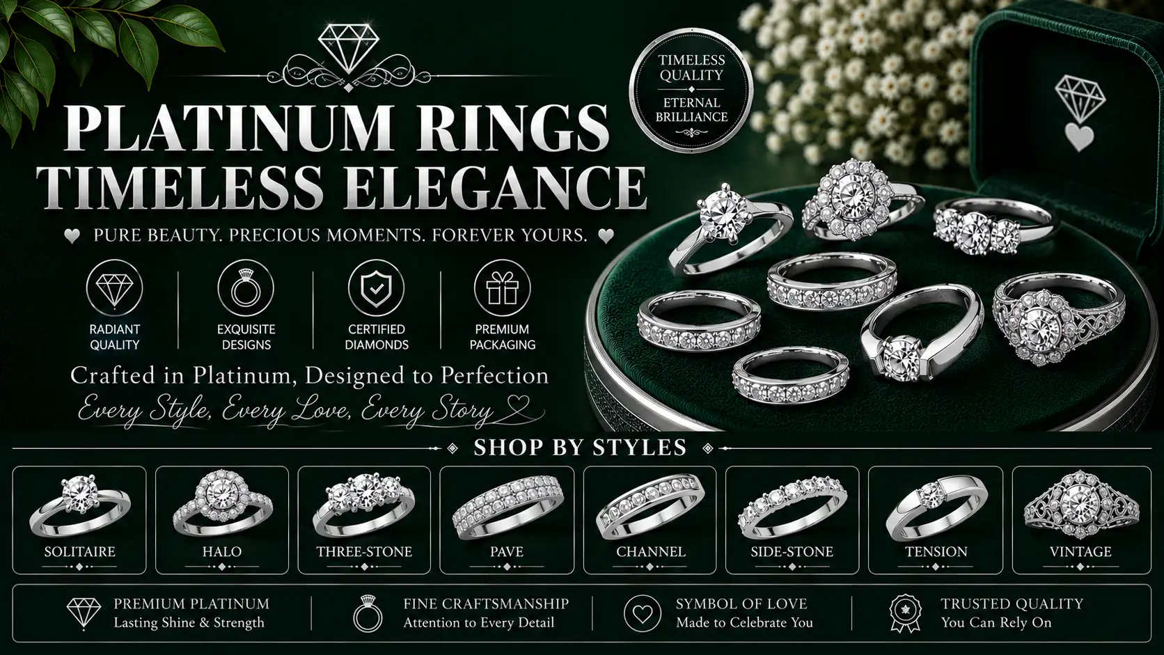 Elegant platinum rings in classic and contemporary designs
