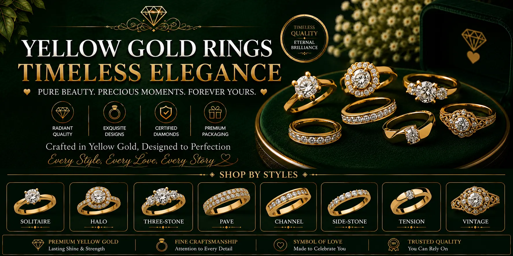 Elegant yellow gold rings in classic and modern designs
